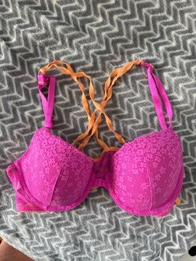 Victoria's Secret Hot Pink Lace Push-Up Bra with Orange Straps and front snap